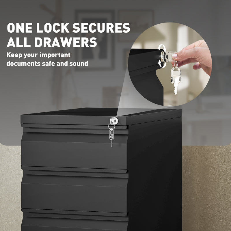 Black 3 Drawer Steel Mobile Filing Cabinet with Lock by Vinsetto