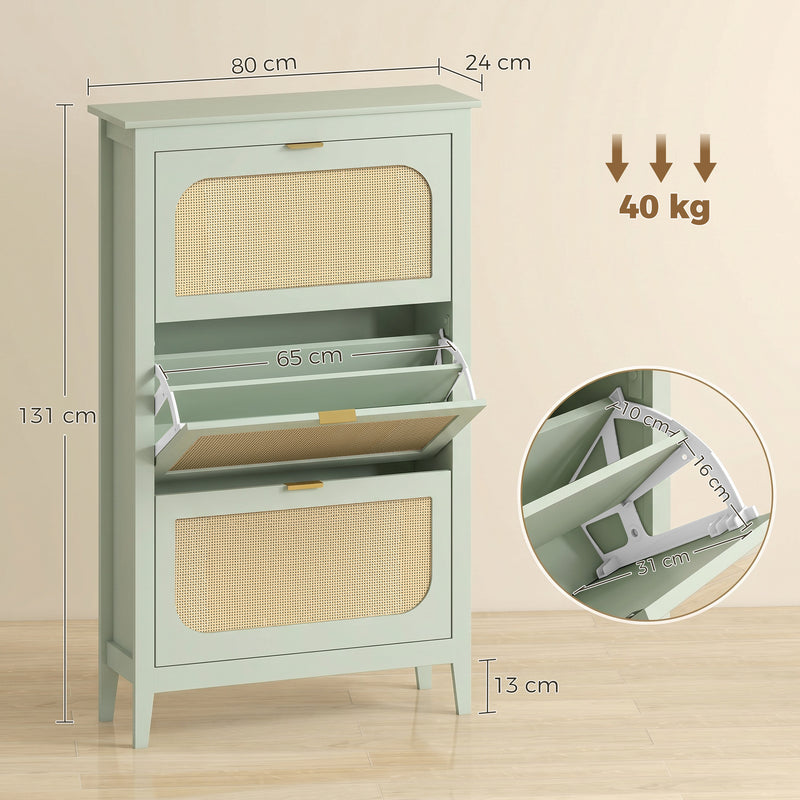 Slim Shoe Cabinet for Hallway Storage with 3 Flip Drawers and Adjustable Shelves Light Green