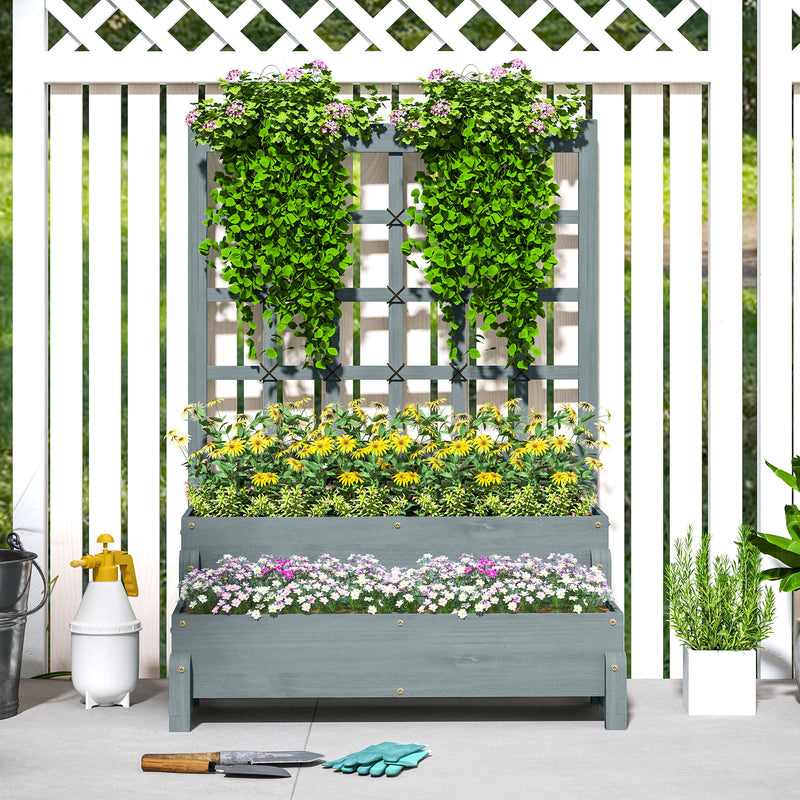 Grey 2 Tier Raised Garden Bed with Trellis Wooden Planter Box for Climbing Plants by Outsunny