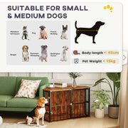 Rustic Brown Corner Dog Crate Furniture with Bowls and Lockable Doors for Small Medium Dogs by PawHut