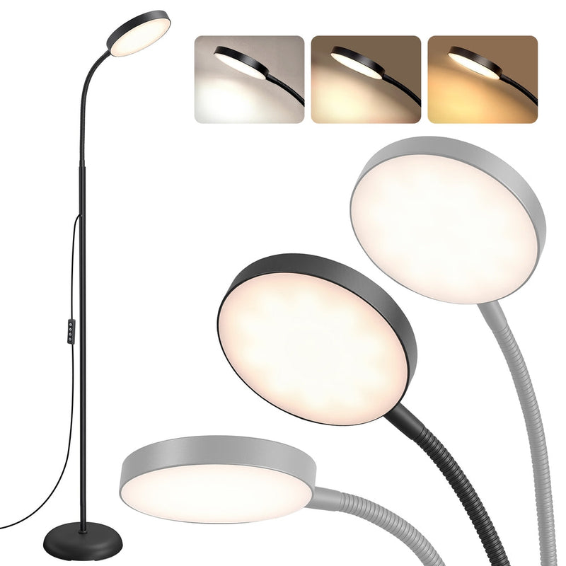 Vasagle matte black floor lamp with round LED head and gooseneck arm, shown in three colour temperatures