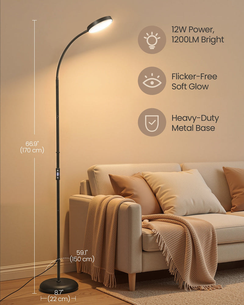 Dimension diagram showing the floor lamp is 170 cm tall with a 22 cm round base and 12W LED head