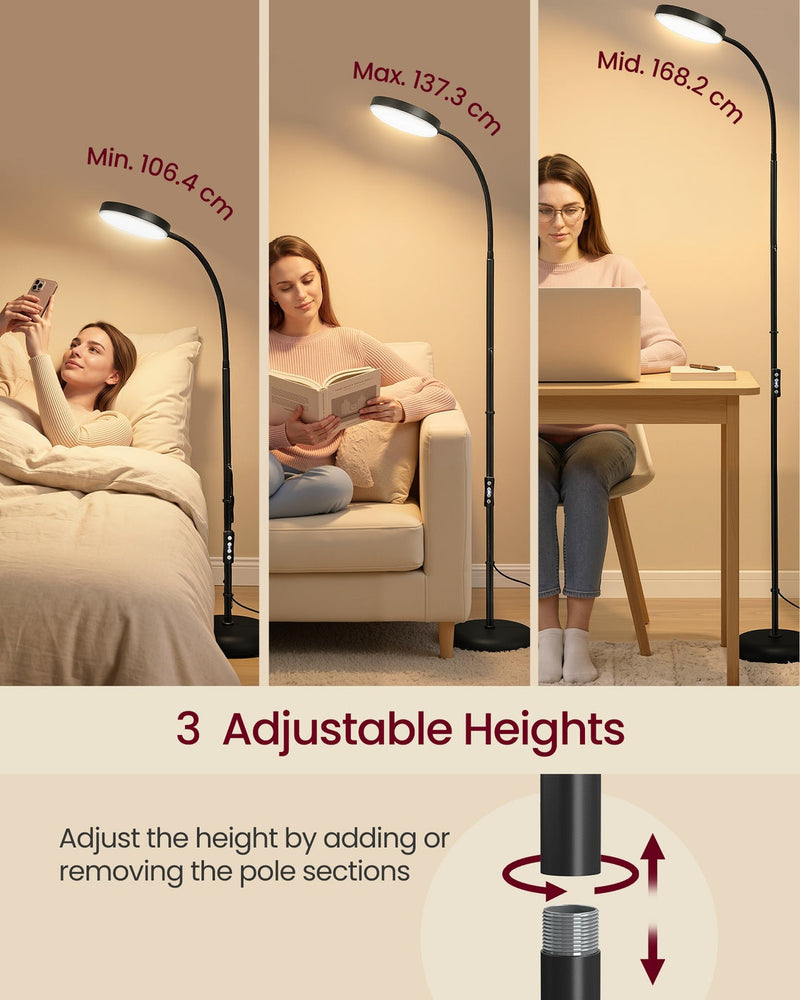 Three adjustable height positions showing the lamp used beside a bed, sofa and desk