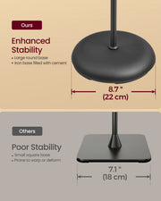 Comparison diagram showing the lamp's 22 cm round weighted base for stability