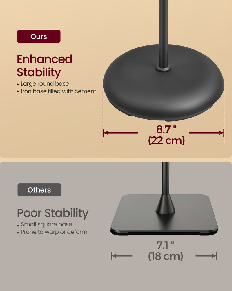 Comparison diagram showing the lamp's 22 cm round weighted base for stability