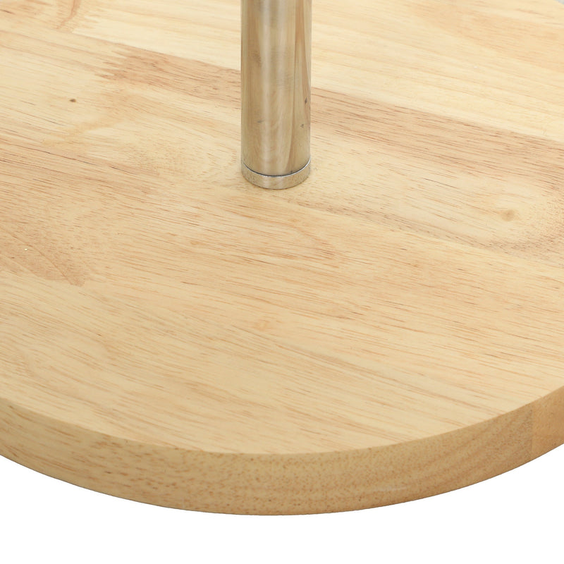 Close-up of the round pine wood base and silver metal pole