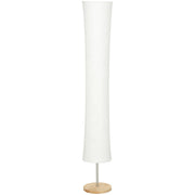 White cylindrical paper-shade floor lamp with pine wood base, studio shot