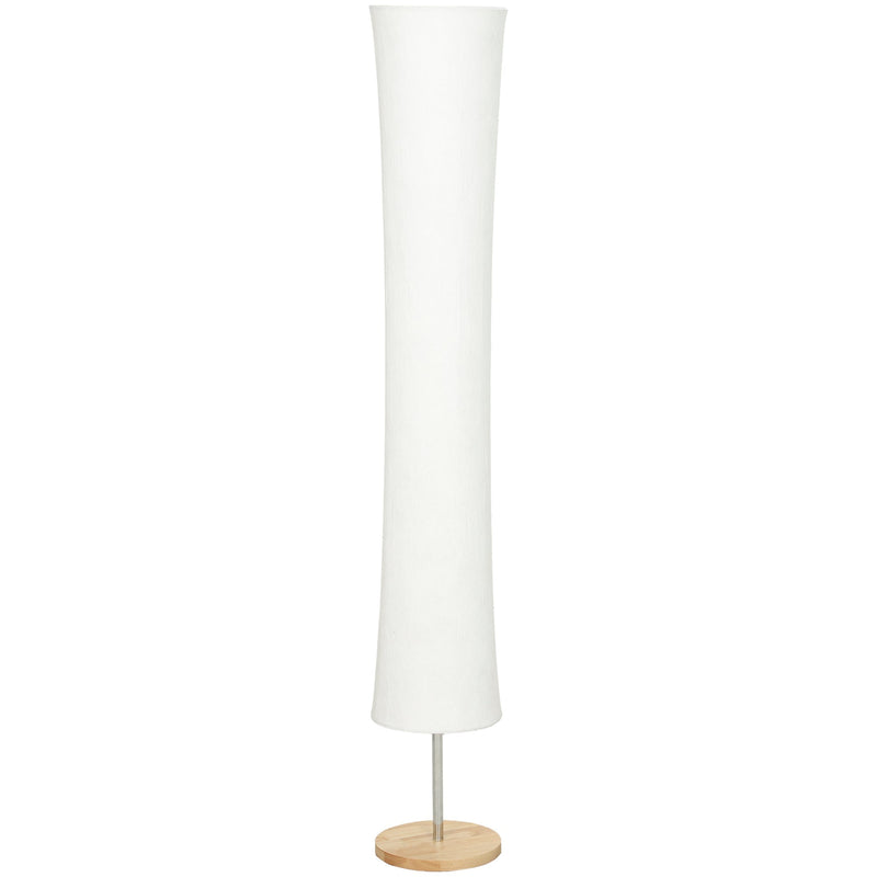 White cylindrical paper-shade floor lamp with pine wood base, studio shot