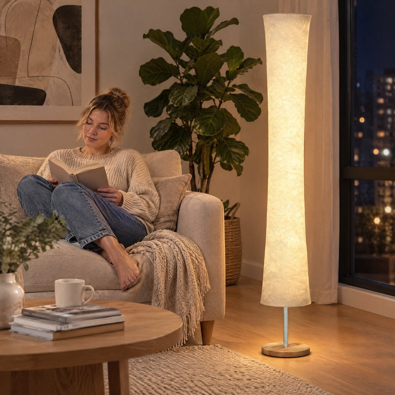 Person reading on a sofa beside the lit floor lamp