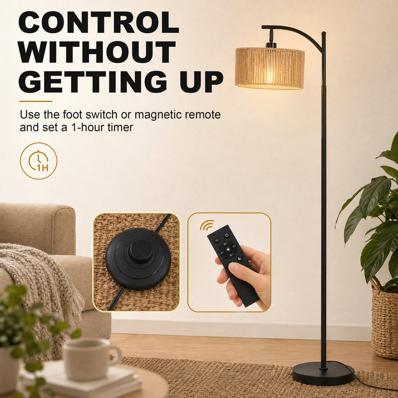 Foot switch and magnetic remote control with 1-hour timer for the floor lamp
