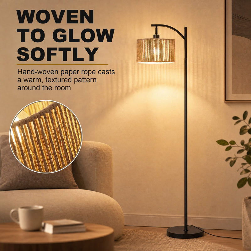 Close-up of the hand-woven paper rope shade casting a warm glow