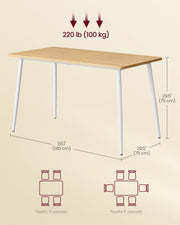 Dimension diagram showing the dining table at 140 cm wide, 75 cm deep and 75 cm high with a 100 kg load rating