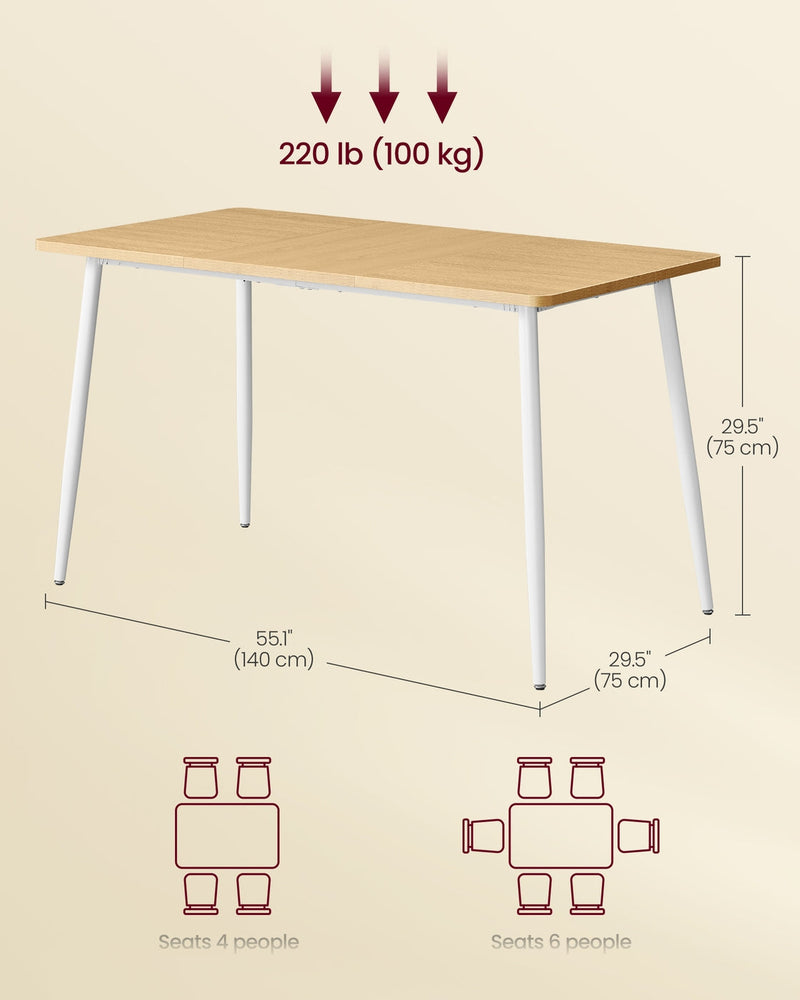 Dimension diagram showing the dining table at 140 cm wide, 75 cm deep and 75 cm high with a 100 kg load rating