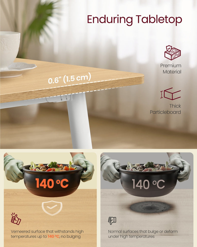 Close-up of the 1.5 cm veneered tabletop resisting hot pans up to 140 degrees Celsius