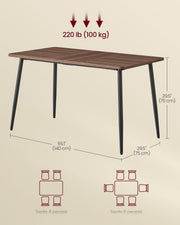 Dimension diagram for the walnut and black table showing 140 cm width, 75 cm depth and 75 cm height