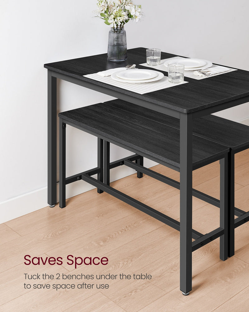 Dimension diagram showing the dining table and bench measurements in cm