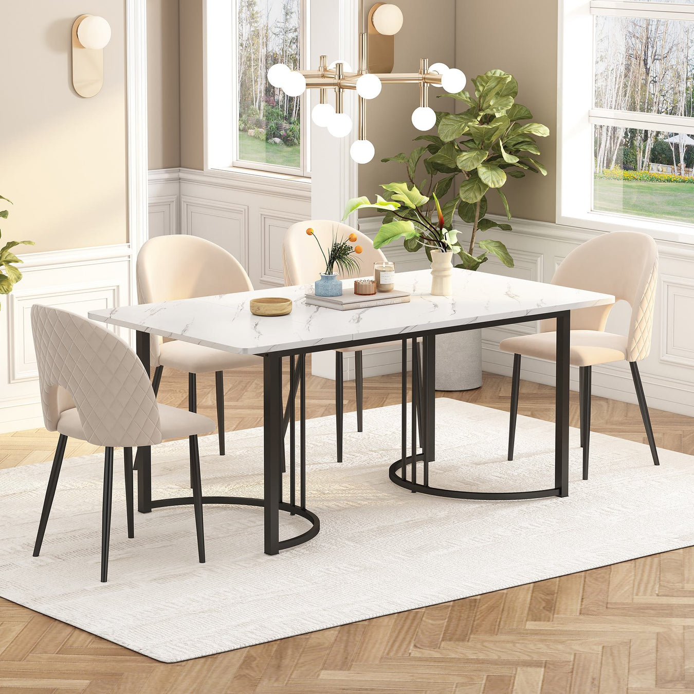 Dining room with a modern table and chairs on a white rug.