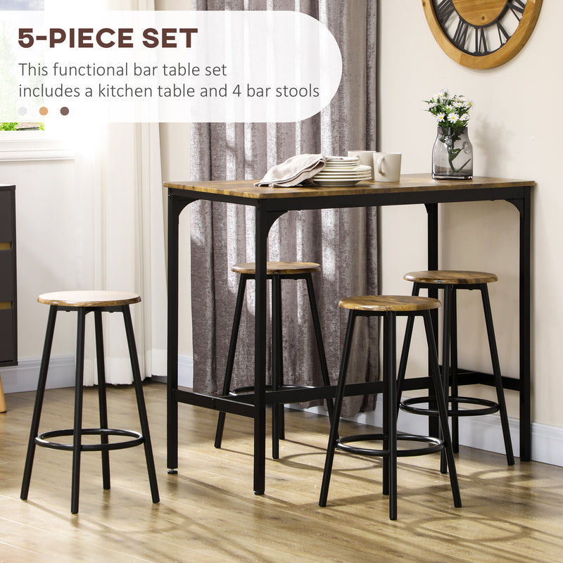 5 Piece Industrial Style Bar Table and Stool Set, Brown and Black by HOMCOM