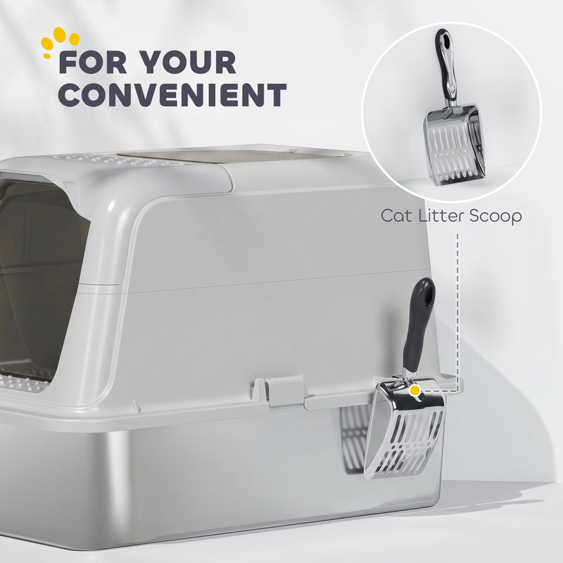 Enclosed Stainless Steel Litter Tray For Cleaner Floors, Scoop, 2 Doors, Light Grey