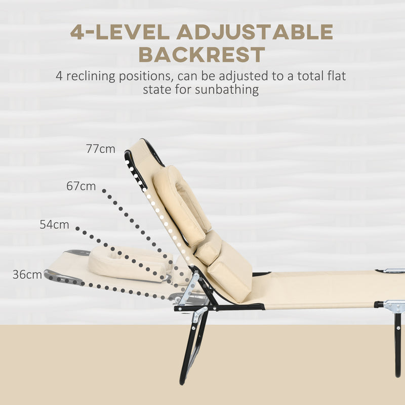 Set of 2 Folding Sun Loungers with Face Hole and Adjustable Backrest for Garden Use , Beige Outsunny
