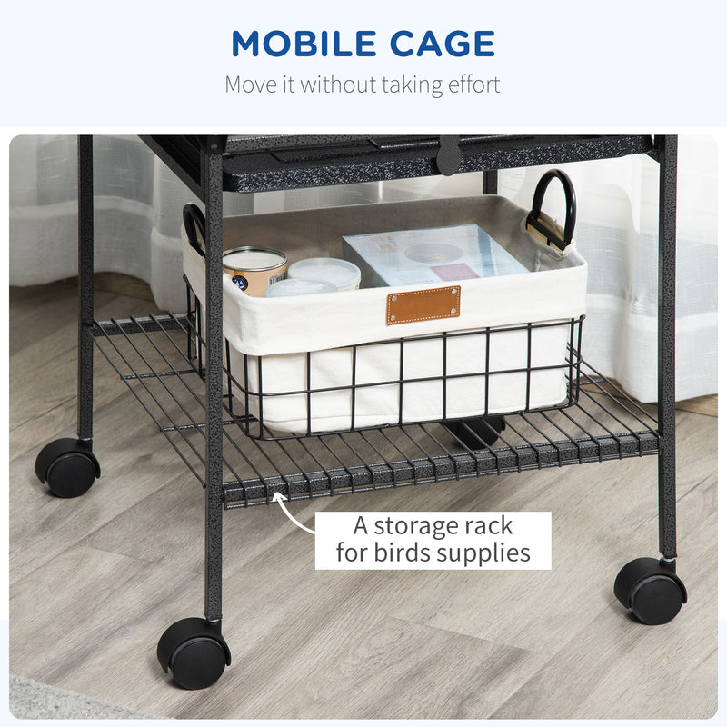 Tall Parrot Bird Cage With Open Play Top Perch Wheels and Storage Shelf Dark Grey AOSOM