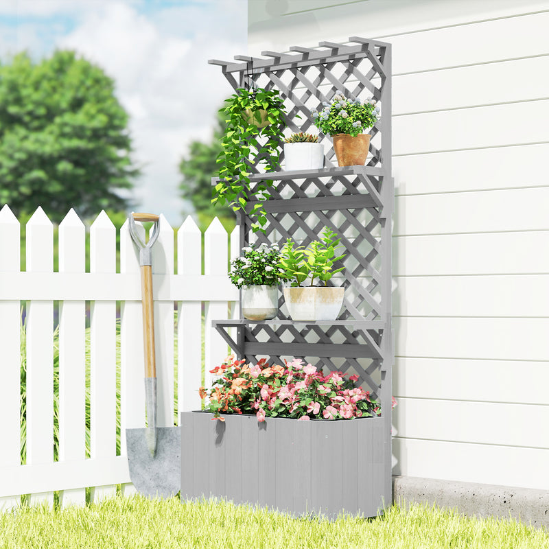 Wooden Garden Planter with Trellis and Shelves for Climbing Plants 52L Capacity Grey Outsunny