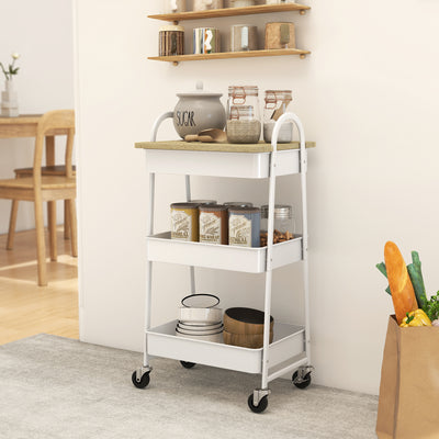 3 Tier Rolling Kitchen Storage Trolley with Worktop and Shelves for Home Use, White Oak