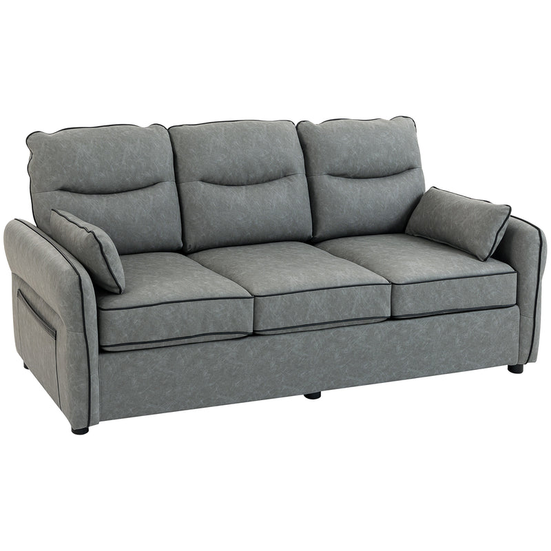 3 Seater Sofa, Dark Grey Faux Leather Sofa With Cushioned Seats For Lounge Or Living Room