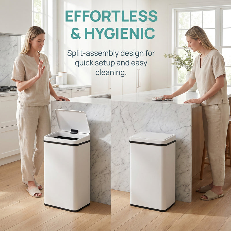 Sensor Kitchen Bin 50L Touch Free Motion Sensor with Soft Close Lid White