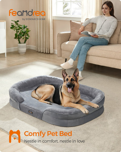 Feandrea extra large dog sofa bed styled in a living room with a German Shepherd
