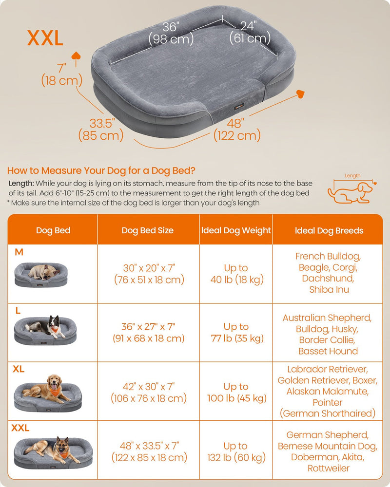 Dimensions diagram of the Feandrea extra large dog sofa bed showing 122 by 85 by 18 cm