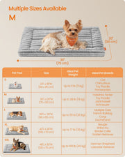Feandrea dog bed mat size chart comparing S, M, L, XL and XXL dimensions and ideal pet weight