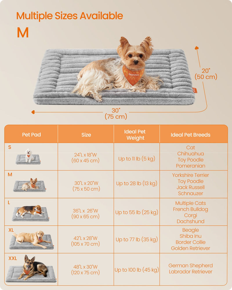 Feandrea dog bed mat size chart comparing S, M, L, XL and XXL dimensions and ideal pet weight