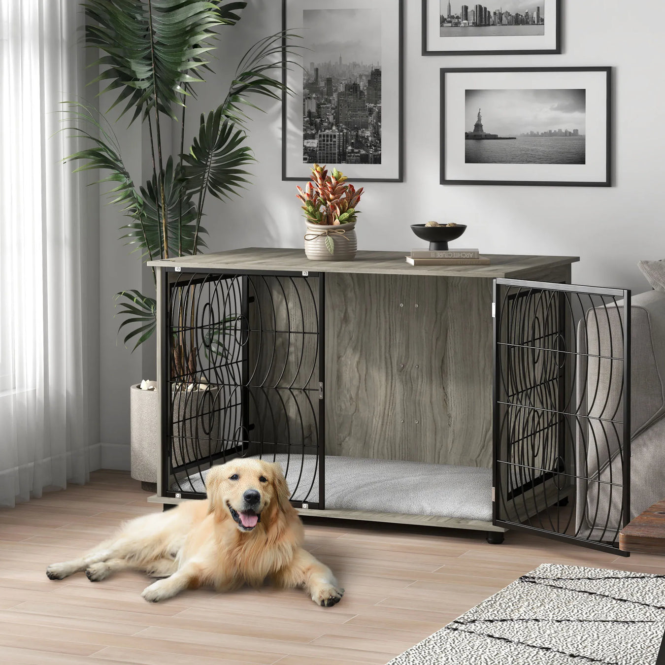 Dog lying on the floor next to a modern pet crate in a stylish living room.