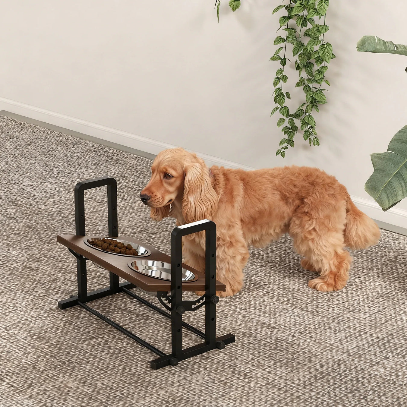 Dog standing next to a raised pet feeder with two bowls on a carpeted floor.