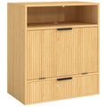 Oak dog feeding station with an open upper cubby, tilt-out door and bowl drawer on a plain background