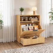 Feeding station with the tilt-out door open showing food bags and the bowl drawer pulled out