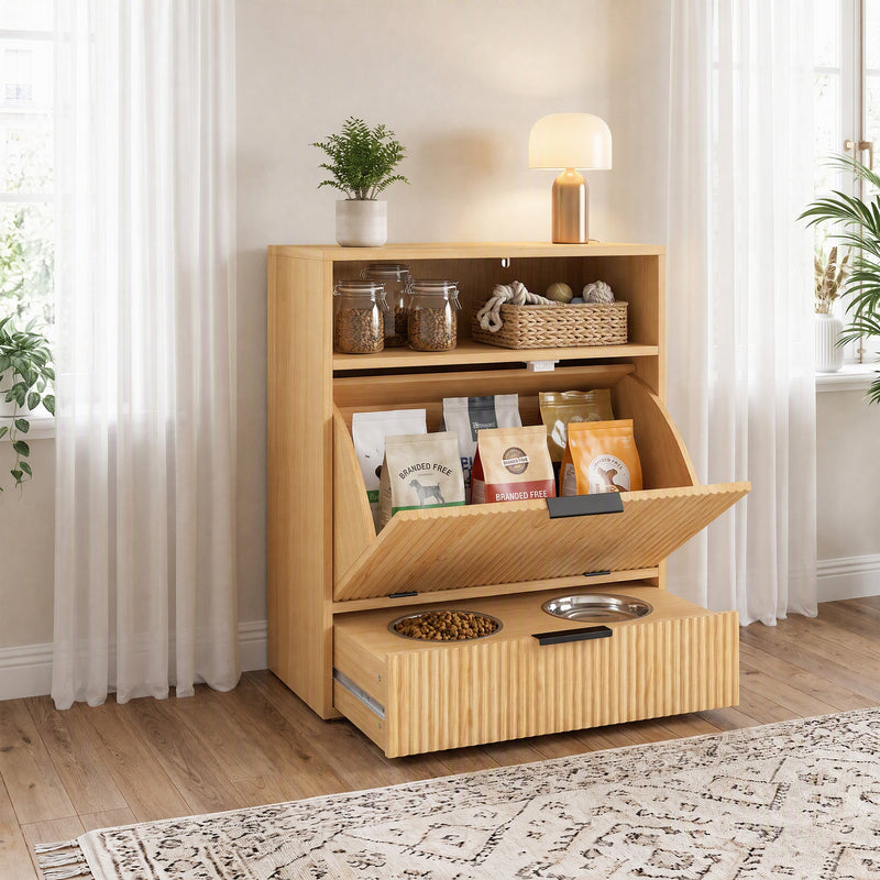 Feeding station with the tilt-out door open showing food bags and the bowl drawer pulled out