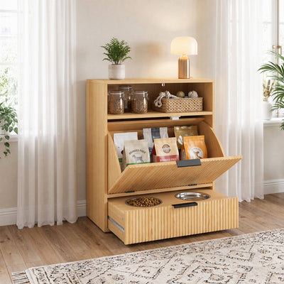Feeding station with the tilt-out door open showing food bags and the bowl drawer pulled out