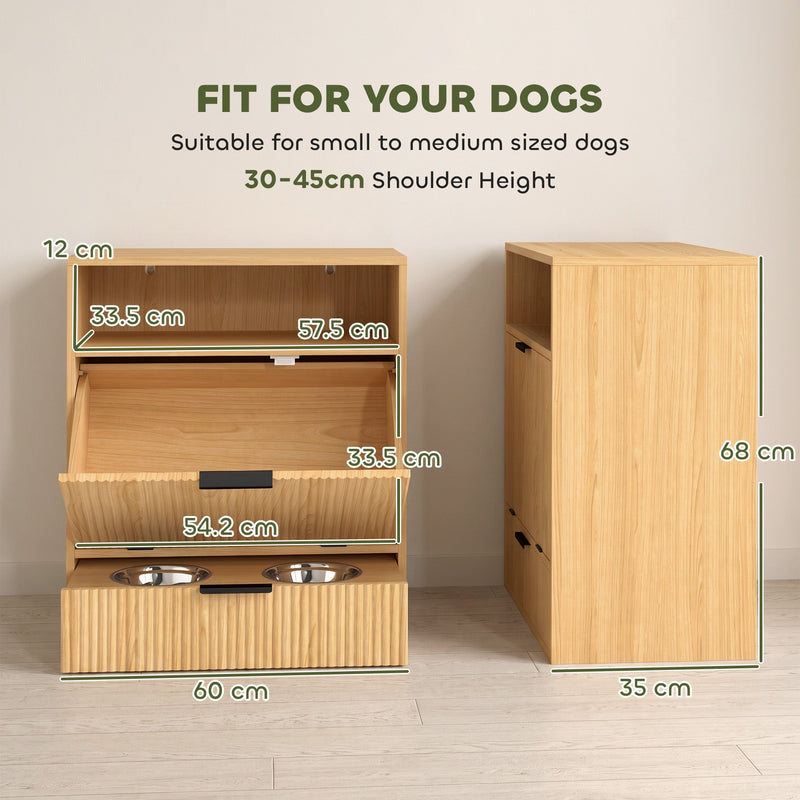 Dimensions diagram showing 60 cm wide, 35 cm deep, 68 cm high and inner storage sizes