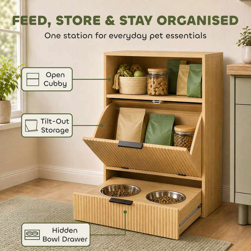 Feeding station labelled with open cubby, tilt-out storage and hidden bowl drawer