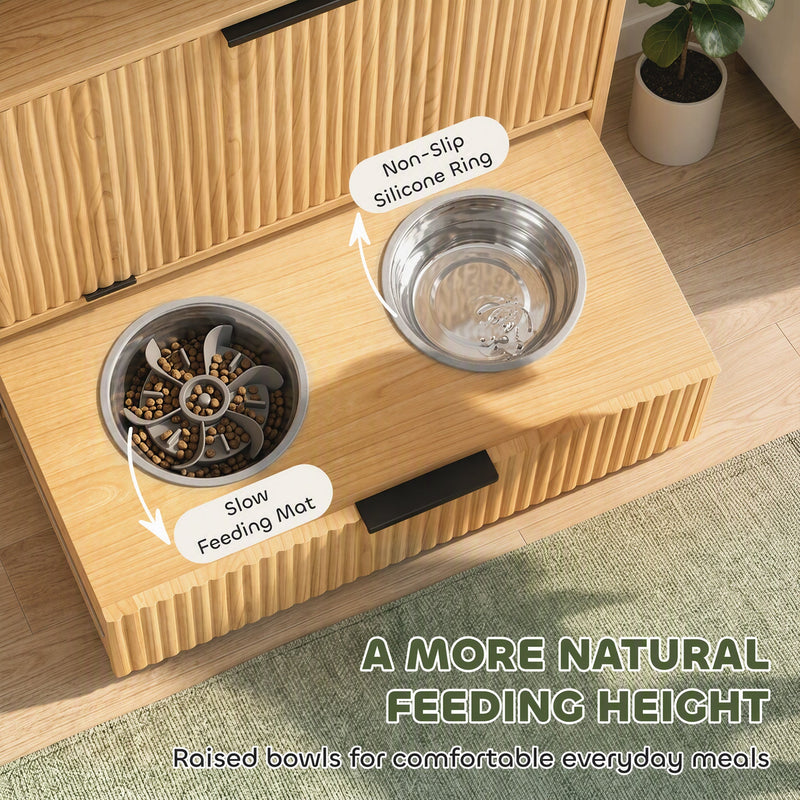Close-up of a steel bowl with a non-slip ring and a slow feeder mat on the bowl drawer