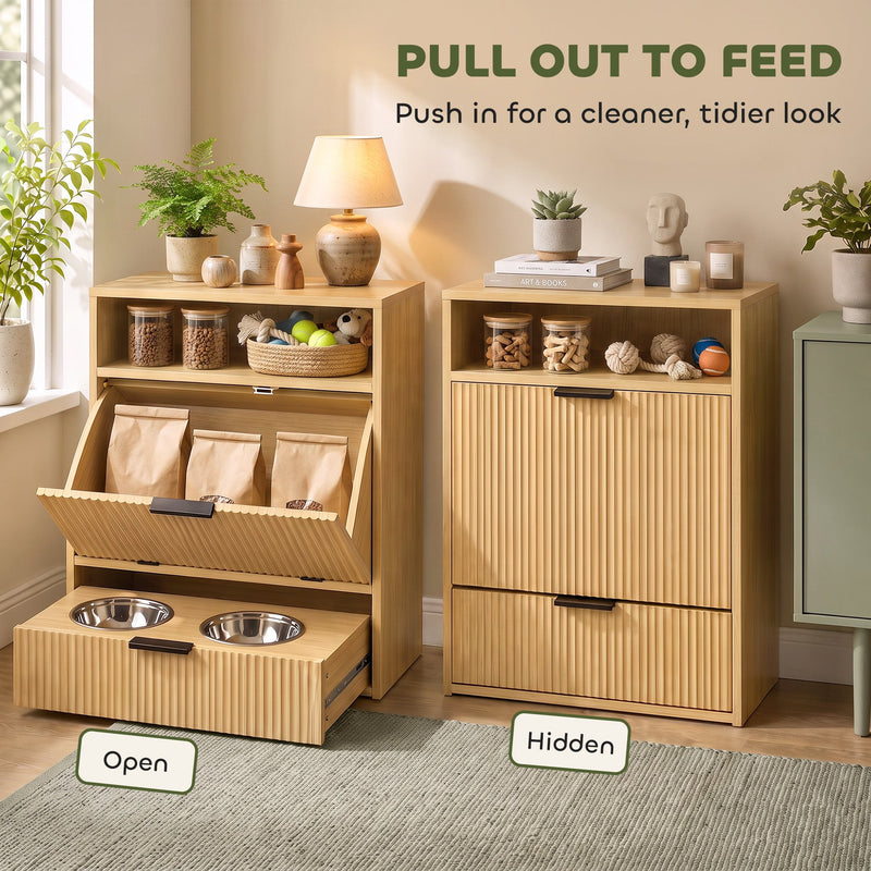 Two feeding stations side by side, one with the bowl drawer open and one closed
