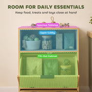 Highlighted tabletop, upper cubby and tilt-out cabinet filled with food bags and treat jars