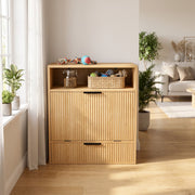 Closed oak feeding station in a living room with jars and a basket on top
