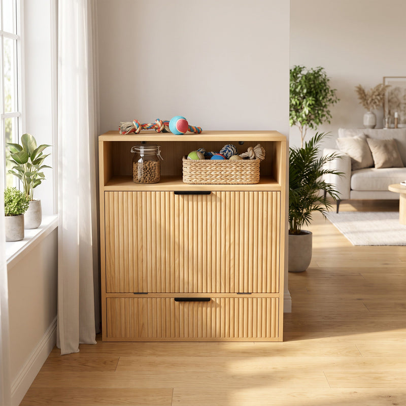 Closed oak feeding station in a living room with jars and a basket on top