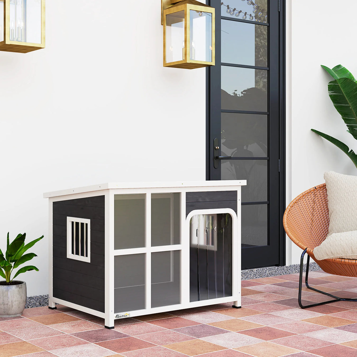Pet crate on a patio with a chair and plants