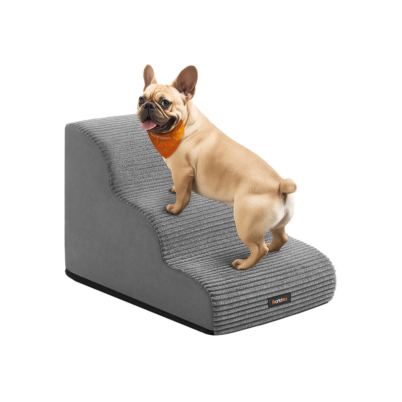 Studio front view of the Feandrea dog stairs in dove grey faux suede