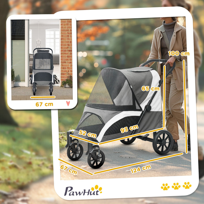 Dimension diagram: stroller 124L x 67W x 100H cm overall, cabin 93L x 52W x 65H cm