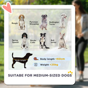 Suitable dog breeds and size chart: body length under 60 cm, weight under 25 kg